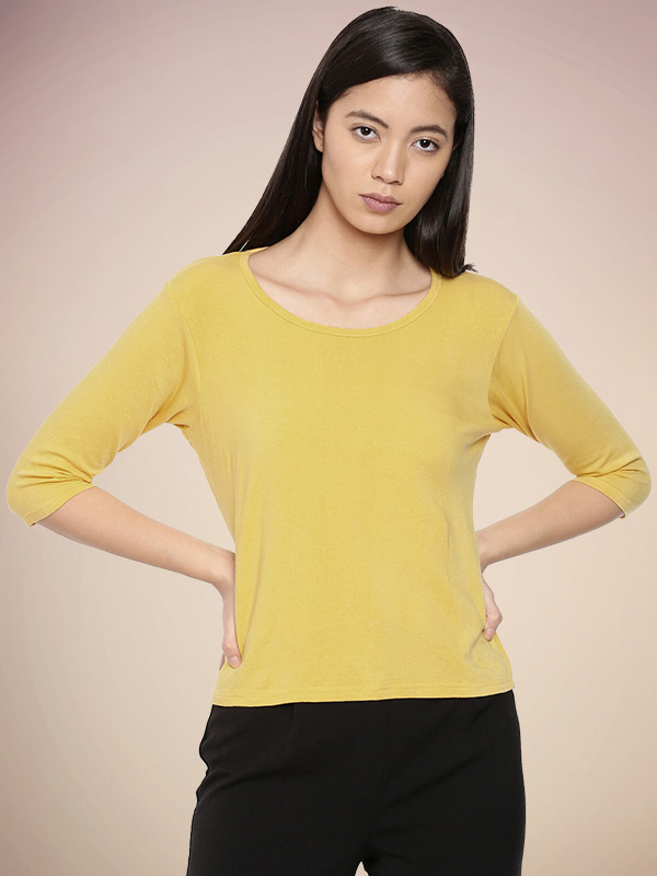 Women's Bamboo 3/4th Sleeve Round Neck Top Alphonso Mango - Front